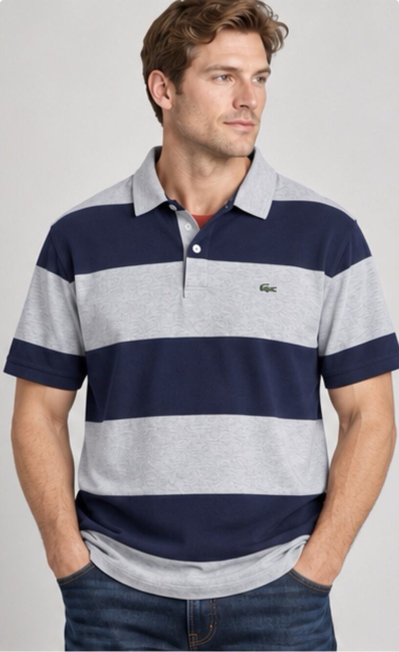 Lacoste Men XXL Short Sleeve Rugby Polo Shirt Gray Navy Striped Crocodile